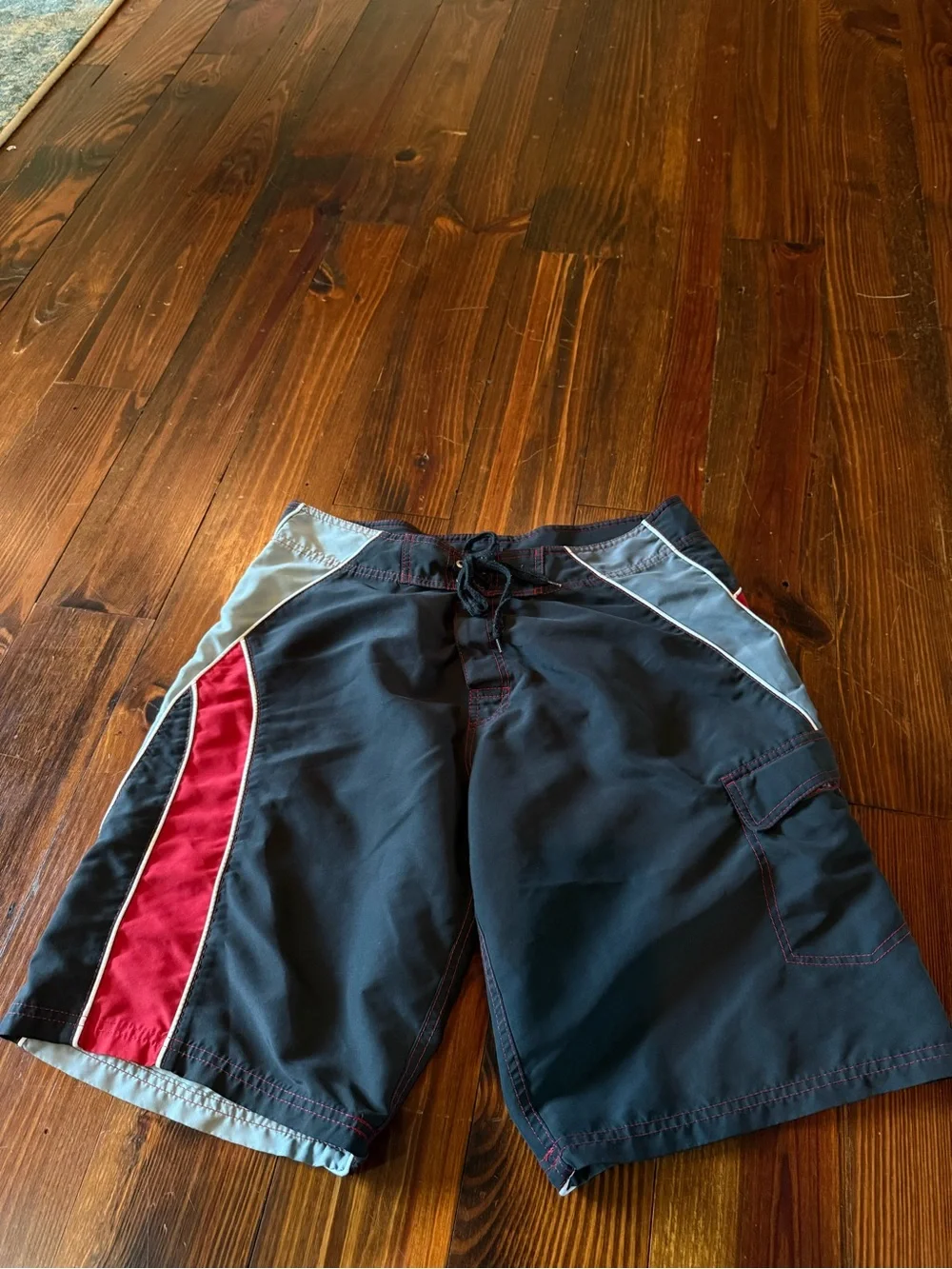 Arizona Jean Company Black Swim Board Shorts with Red and Gray Panels